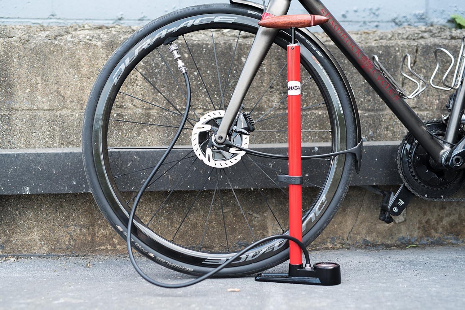 image:imageSILCA Pista Floor Pump Red with Black Single Sided Base and SILCA Presta Chuck and Threaded Schrader Chuck